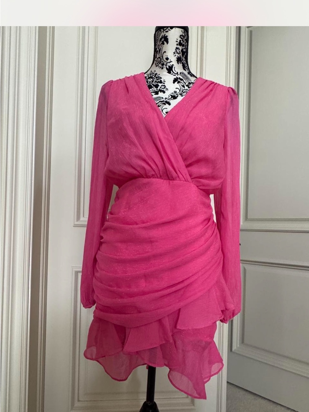 Blue Blush Fuchsia Ruched Wrap Long Sleeve Mini Dress